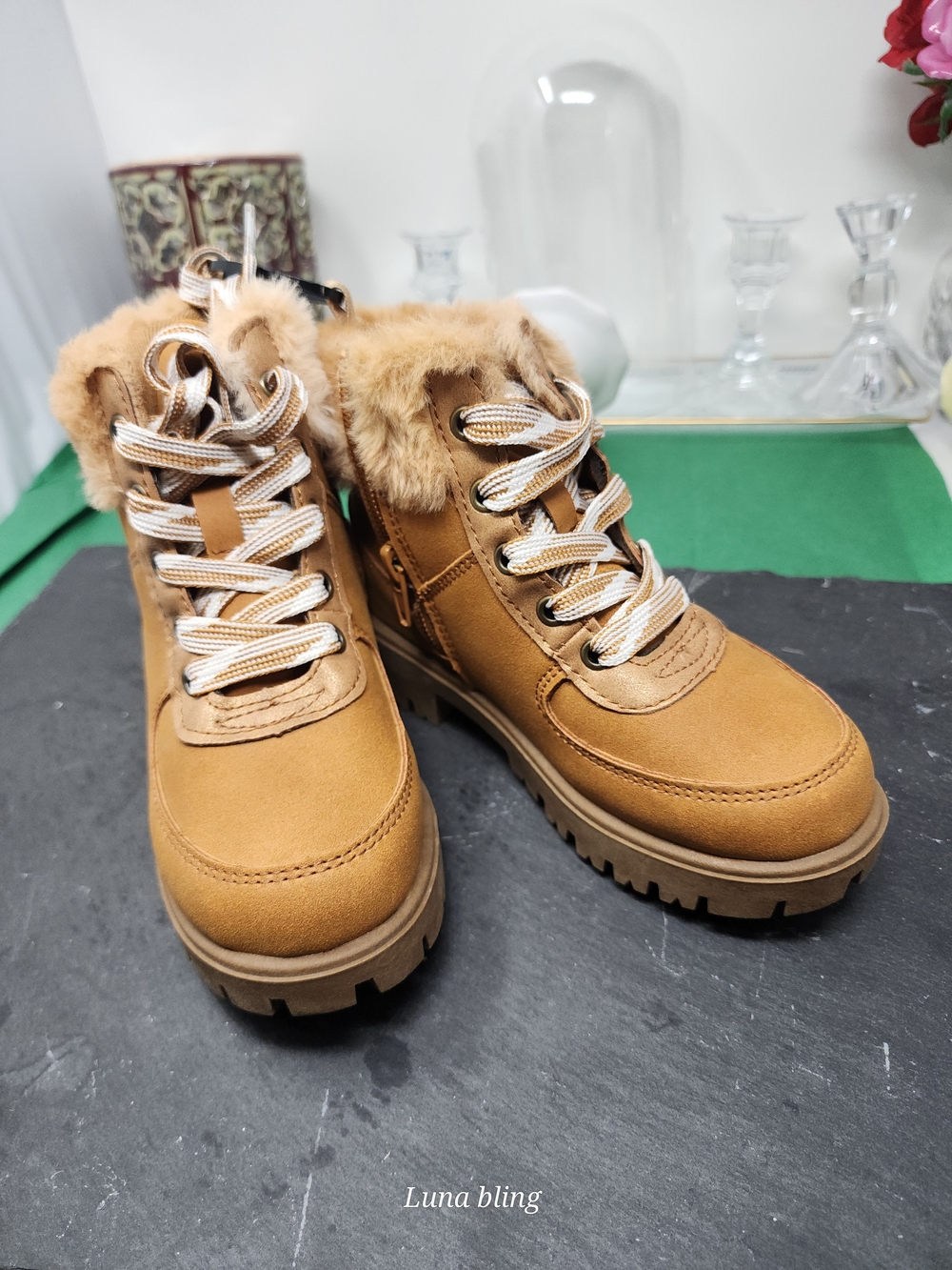 Childs Tan Fur-Trim Hiking Boots
